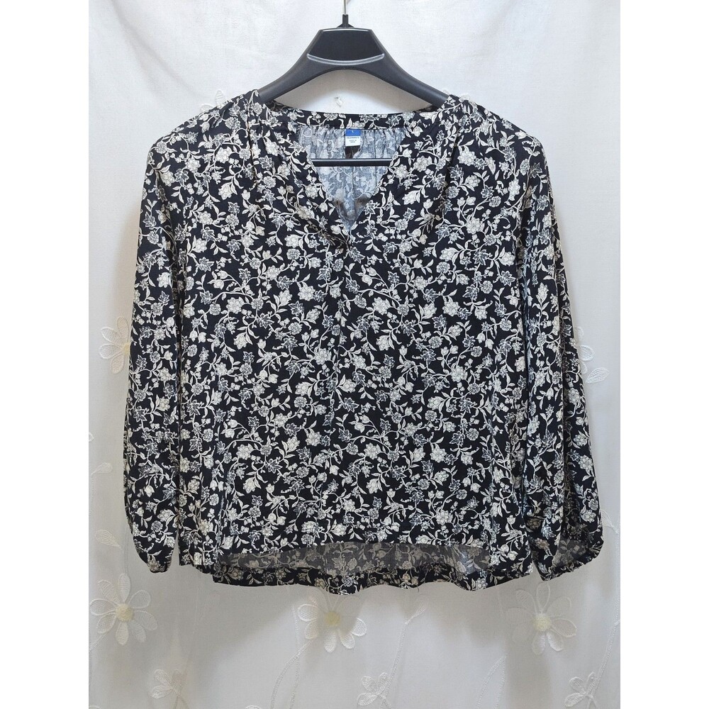 Old Navy Womens Large Black Top Floral Botanical Career Office Casual V-Neck